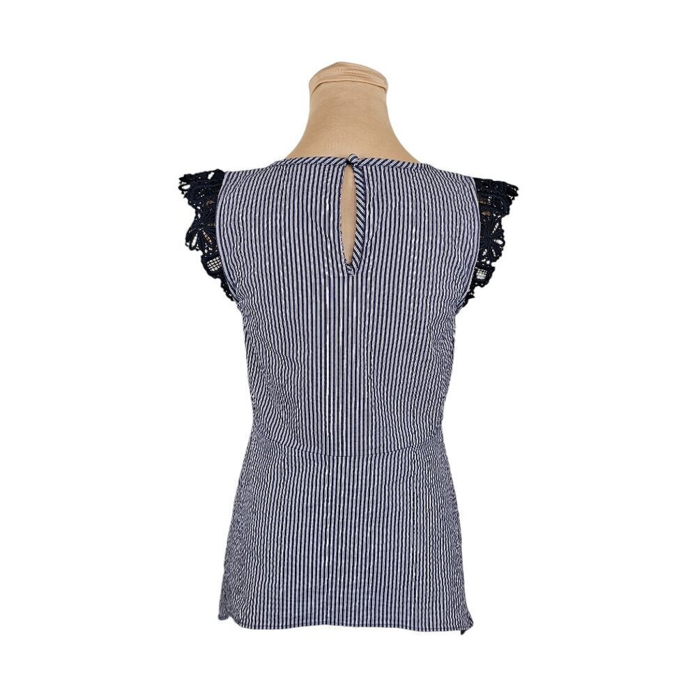 Cabi Navy Blue and White Striped Blouse With Frilly Lace Flutter Shoulders Sz XS - Picture 4 of 8